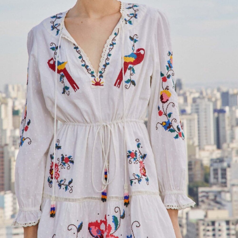 FARM Rio - Macaw Cross Stitch Embroidered Mini Dress - XS